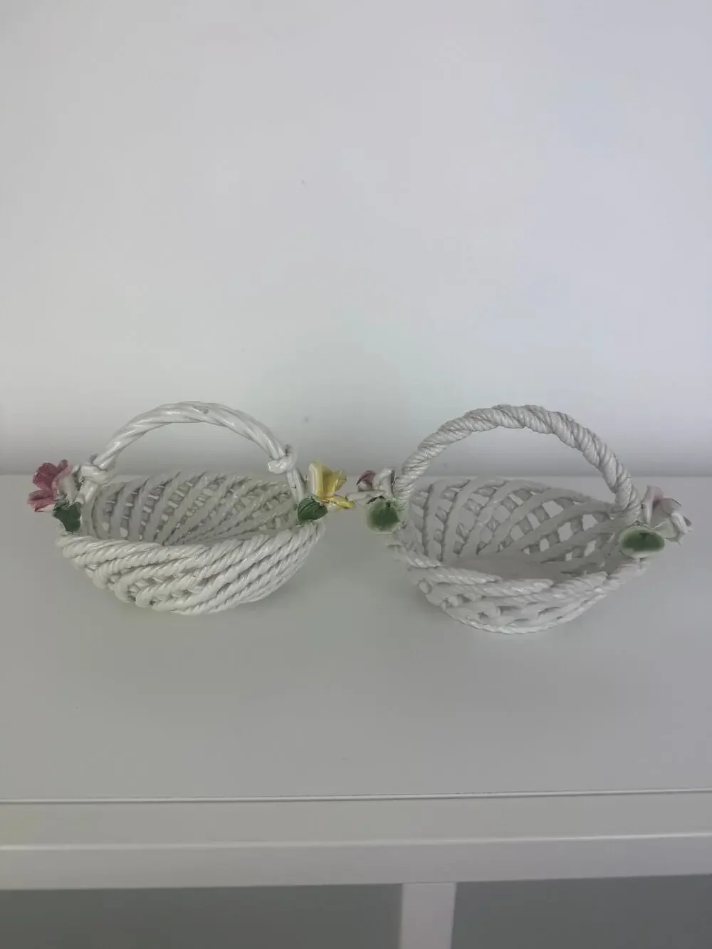 Vintage White Ceramic Woven Floral Italian 90s Cottagecore Decor Basket Set of 2